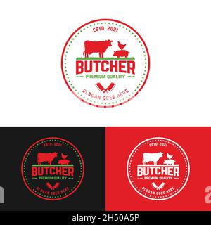 Emblema vintage Butcher Badge Label Stamp con simbolo di pollo di maiale alla mucca. Adatto per macellai macelleria Deli Beef Meat Shop Market a Hipster retro Illustrazione Vettoriale