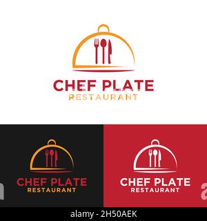 Piatto dello chef con modello di design con logo a cucchiaio e coltello a forchetta. Adatto per Chef Restaurant Cafe Bistro Bar Shop Business Brand Company in stile Abstract Flat Illustrazione Vettoriale