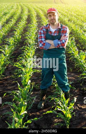 Uomo caucasico di mezza età sicuro soddisfatto contadino lavoratore con le braccia incrociate stand a campo di mais Foto Stock