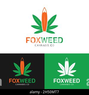 Foglie di cannabis con modello di design con logo Fox Tail. Cannabis Hashish Weed Marijuana la canapa è un farmaco psicoattivo della pianta di Cannabis. Illustrazione Vettoriale