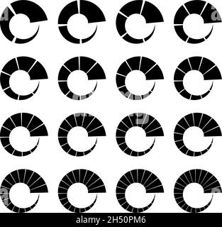 Circoli segmentati, divisi con 3, 4, 5, 6, 7, 8, 9, 10, 12, 14, 15, 16, 18, 20, 22, 24 parti, sezioni. Grafico a torta, elemento infografico simile a un grafico a torta Illustrazione Vettoriale