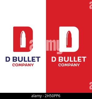 Lettera iniziale D con proiettile Bullet cartuccia Ammo per Gun Shop Armory Army Military Soldier Brand Business Company in Simple Flat retro Logo. Illustrazione Vettoriale