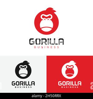 Modello di design con logo a forma di cerchio nero Gorilla Head. Adatto per Fitness Sport Fashion Apparel Shop Business Brand Company etc. Illustrazione Vettoriale
