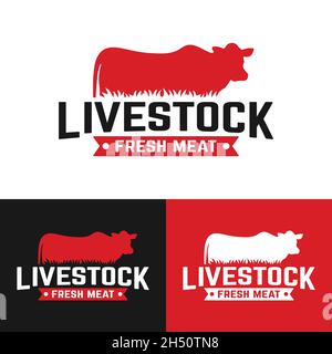 Logo di bestiame con silhouette di mucca. Adatto per allevamento bestiame bovino Ranch macellai macelleria Deli Meat Shop Market in stile Vintage Hipster retro Illustrazione Vettoriale