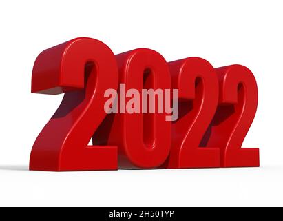 2022 illustrazione 3d. Testo rosso del nuovo anno 2022 su sfondo bianco Foto Stock
