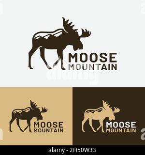 Modello di design con logo Moose Elk Deer Bull Mountain Hill. Adatto per la caccia Avventura Outdoor Escursionismo Turismo Sport Abbigliamento Abbigliamento Business ecc. Illustrazione Vettoriale