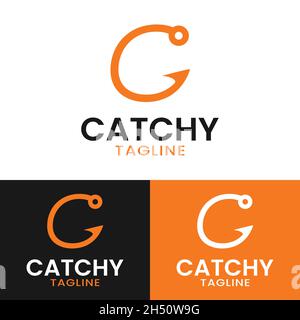 Lettera iniziale C modello di disegno del logo del gancio di pesca. Adatto per Fishing Shop Fisherman Sport Business Brand Company in Simple Orange Logo Design. Illustrazione Vettoriale