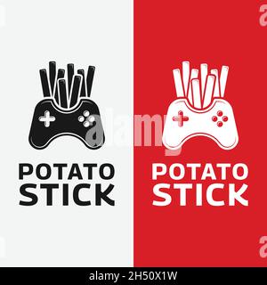 Modello di design per Game Stick con logo Potato Stick. Adatto per il gioco Studio Pub Station Center Bar Fast Food Ristorante Cafe Bar ecc. Illustrazione Vettoriale