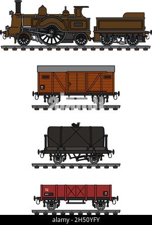 Disegno a mano di un treno a vapore vintage per il trasporto merci Illustrazione Vettoriale