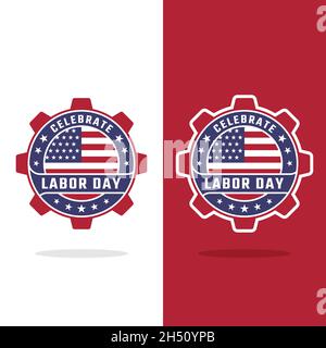 Logo Happy Labor Day. Badge Gear con bandiera degli Stati Uniti per celebrare il Labor Day. Giornata del lavoro negli Stati Uniti il 6 settembre. Illustrazione Vettoriale