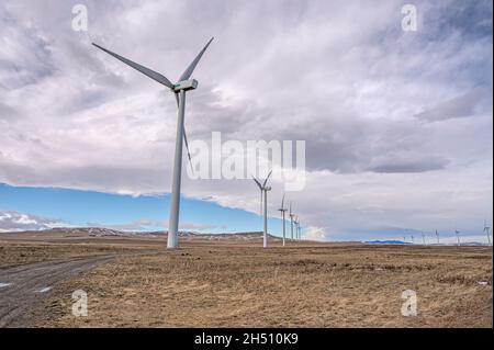 Mulini a vento che generano energia elettrica ai piedi delle Montagne Rocciose vicino a Fort Macleod, Alberta, Canada Foto Stock