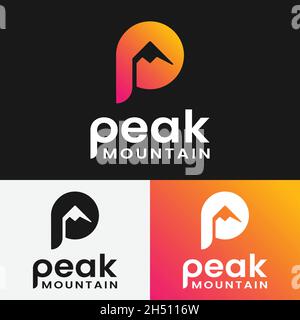 Lettera iniziale P con Peak Mountain Hill per Avventura Outdoor Escursionismo Campeggio Caccia Sport Gear Apparel Business Brand Simple Classic Logo unico. Illustrazione Vettoriale