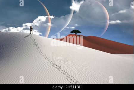 L'astronauta si trova nel deserto bianco surreale. Rendering 3D. Foto Stock