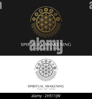 Risveglio spirituale con Flower of Life e 7 Chakra Symbols Logo Design Template. Adatto per studi di meditazione Yoga o medicina sanitaria, ecc. Illustrazione Vettoriale