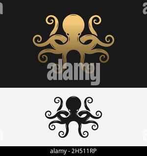 Modello di design con logo Octopus Silhouette nero. Vettore Octopus isolato su sfondo bianco. Illustrazione Vettoriale