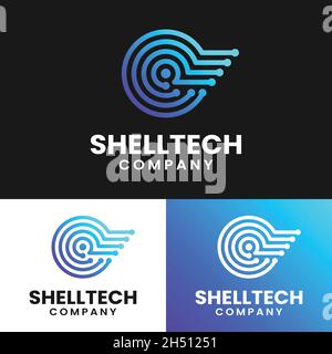 Modello di progettazione del logo Nautilus Shell Circuit Technology. Adatto per IT Tech Technology Internet Digital Media Company Business Corporate Brand Modern Illustrazione Vettoriale