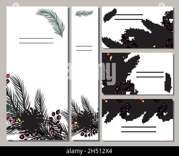 set floreale luminoso di carte con elementi di rami d'albero e coni Illustrazione Vettoriale