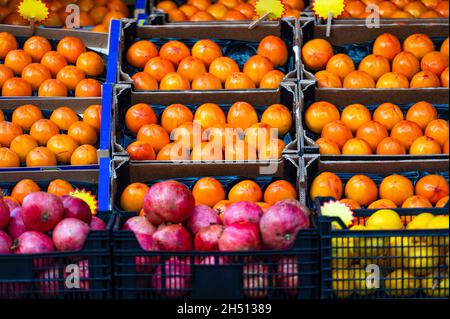 file di persimmoni maturi, melograni e limoni in scatole di legno in un mercato agricolo Foto Stock