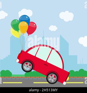 Un mazzo di palloncini colorati che prendono un'auto fuori strada. Skyline di una città sullo sfondo. Concettuale. Illustrazione vettoriale che rappresenta un sogno, fantasia Illustrazione Vettoriale