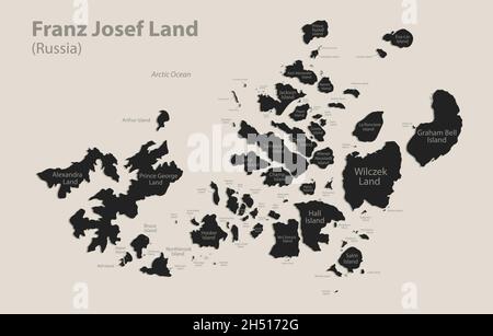 Mappa nera di Franz Josef Land con nomi di regioni, disegno vettore lavagna Illustrazione Vettoriale