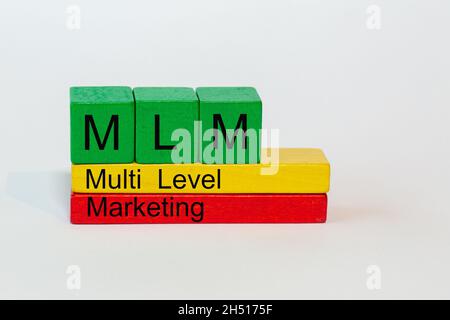 MLM è l'abbreviazione di Multi Level Marketing e si trova su blocchi di giocattoli colorati isolati su uno sfondo bianco Foto Stock