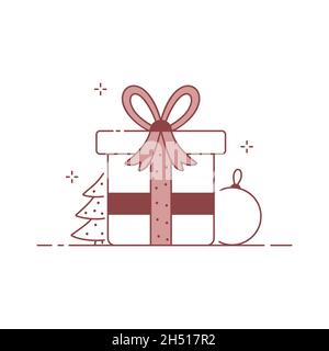 Composizione di Natale con scatola regalo e decorazioni, disegno della scheda di Natale. Illustrazione Vettoriale