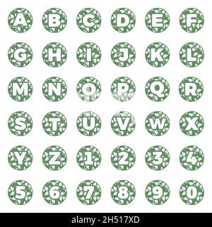 Set di lettere e numeri con foglie in forma rotonda, alfabeto naturale lettere iniziali del monogramma disegnate a mano Illustrazione Vettoriale