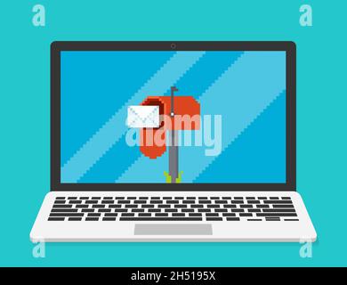 Immagine vettoriale pixel art del computer portatile con applicazione mailbox sullo schermo Illustrazione Vettoriale