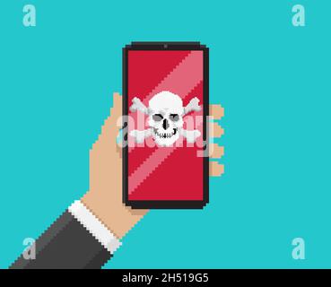 Immagine pixel, illustrazione vettoriale della mano mobile con notifica virus sullo schermo Illustrazione Vettoriale