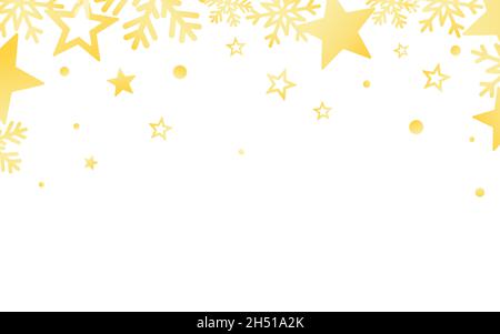 Telaio in oro fiocchi di neve. Bordo glitterato per biglietto di auguri o web. Decorazione di Natale. Stelle ed elementi dorati. Modello poster invernale. Vettore Illustrazione Vettoriale