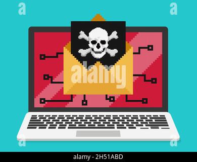 Pixel art, illustrazione vettoriale di e-mail con computer virus che infettano il computer. Il cranio appare su una lettera nera che sporge dalla busta Illustrazione Vettoriale
