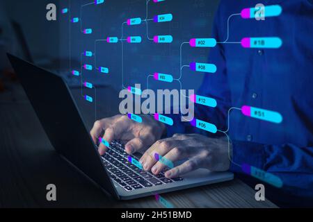 Programmazione e progettazione di architetture software con struttura di nodi. Astratto concetto di tecnologia con persona UML Unified Modeling Language sul computer. DAT Foto Stock