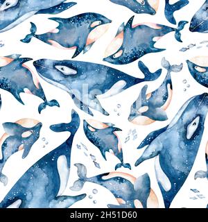 Acquerello balene modello senza giunture . Illustrazione carina disegnata a mano con balene. Perfetto per avvolgere carta, sfondi, stampe e tessuti Foto Stock