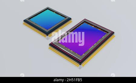 Due fotocamere digitali, sensori smartfone in formato 1:1 e 3:2, vista dall'alto, superficie a matrice iridescente, isolata su bianco, rendering 3D Foto Stock