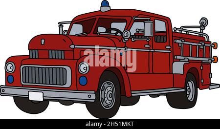 Il disegno a mano vettorizzato di un vecchio camion dei pompieri rossi Illustrazione Vettoriale