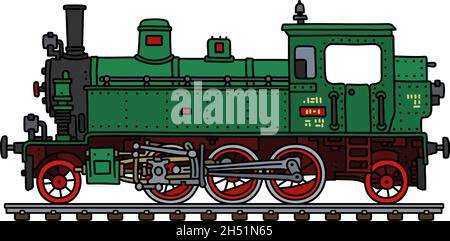 Il disegno a mano vettorizzato di una locomotiva a vapore con motore a serbatoio verde d'epoca Illustrazione Vettoriale