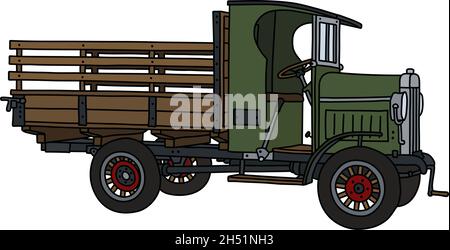 Il disegno a mano vettorizzato di un camion verde d'epoca Illustrazione Vettoriale