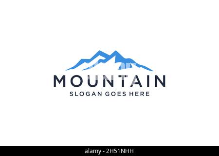 Logo astratto della montagna. Forma bianca stile lineare isolato su colore blu. Modello di design con logo a vettore piatto. Illustrazione Vettoriale
