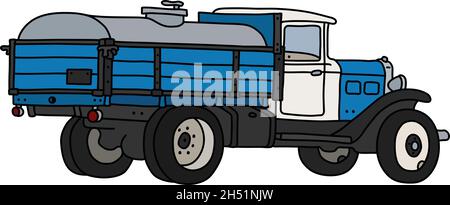Il disegno a mano vettorizzato di un classico camioncino per latticini blu e bianco Illustrazione Vettoriale