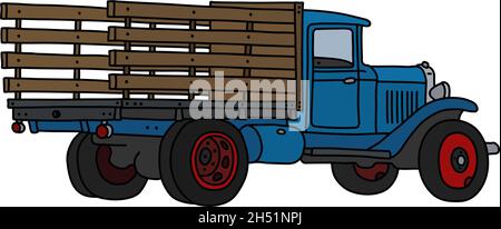 Il disegno a mano vettorizzato di un camion blu classico Illustrazione Vettoriale
