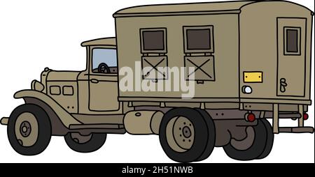 Il disegno a mano vettorizzato di un vecchio camion militare di sabbia Illustrazione Vettoriale