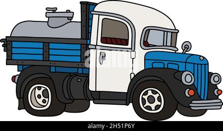 Il disegno a mano vettorizzato di un divertente camion classico di latticini blu e bianco Illustrazione Vettoriale