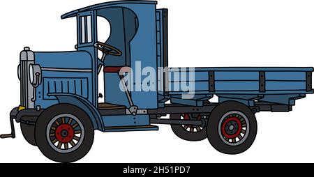 Il disegno a mano vettorizzato di un camion blu d'epoca Illustrazione Vettoriale