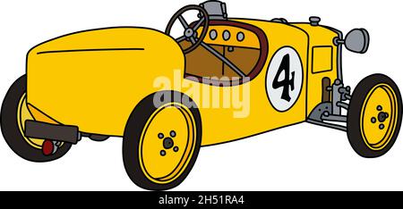 Il disegno a mano vettorizzato di un racecar giallo d'epoca Illustrazione Vettoriale