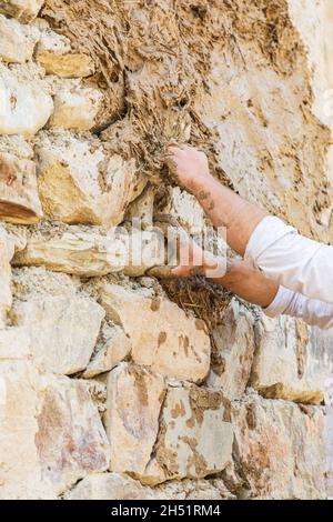 Mavzoley Rudaki, Provincia di Sughd, Tagikistan. Lavoratore che applica intonaco di fango ad una casa di pietra tradizionale. Foto Stock