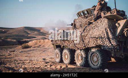 211103-M-HB658-1536 BISLAH, Israele (Nov. 3, 2021) Marines assegnato alla Light Armored Reconnaissance Company, Battalion Landing Team 1/1, 11th Marine Expeditionary Unit, sparare la pistola principale su un LAV-25 durante una battaglia vista zero range a sostegno di un esercizio di interoperabilità israeliano presso il Bislah Training Center, Israele, novembre 3. Questa è la prima formazione bilaterale degli Stati Uniti e di Israele da quando Israele ha aderito all'area di responsabilità del comando Centrale degli Stati Uniti ed è una dimostrazione robusta dell'impegno di entrambe le nazioni per la stabilità nella regione. (STATI UNITI Foto del corpo marino di staff Sgt. Donald Holbert/R. Foto Stock