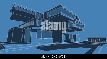 Architettura edificio illustrazione 3d, illustrazione 3D architettura edificio linee prospettiche, architettura urbana moderna astratta sfondo design, Foto Stock