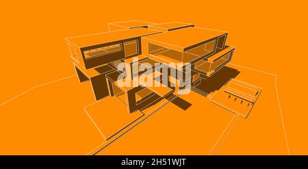 Architettura edificio illustrazione 3d, illustrazione 3D architettura edificio linee prospettiche, architettura urbana moderna astratta sfondo design, Foto Stock