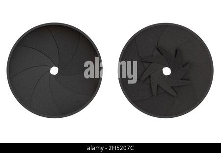 Diaframma di apertura dell'obiettivo della fotocamera. Anteriore e posteriore, primo piano grande. Apertura chiusa Foto Stock