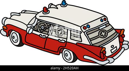 Il disegno a mano vettorizzato di una vecchia ambulanza rossa e bianca divertente Illustrazione Vettoriale
